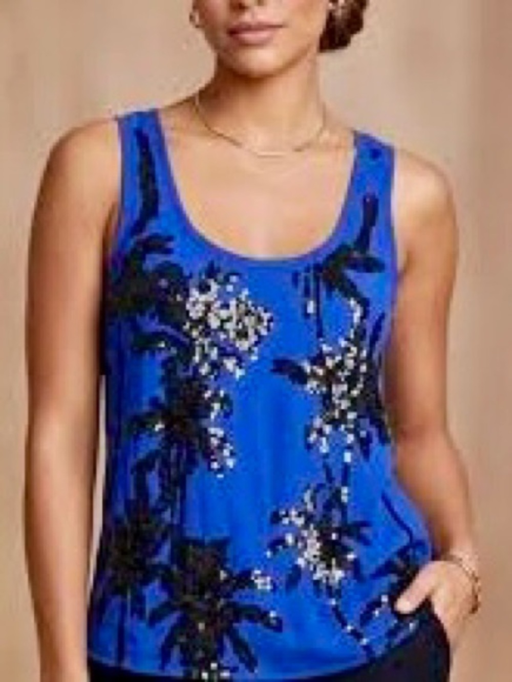 Express| Royal Blue Floral Scoop Tropical Palms Sequin Tank Top Sz S